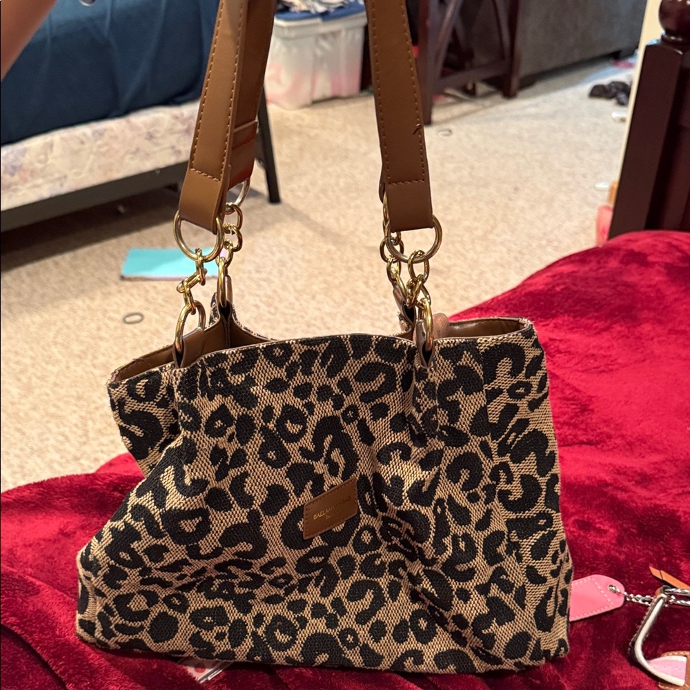 Leopard Print Shoulder Bag with Tan Accents